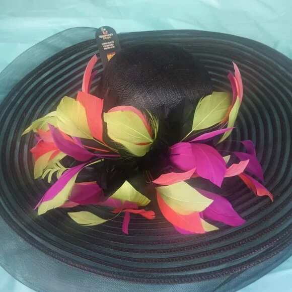 NWT Kentucky Derby Scala Big Brim Multi Colored Feather Sinemay Mesh Hat